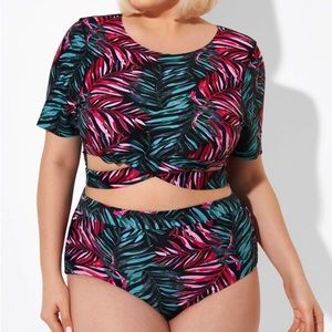 MeetCurve 2-piece bikini w/sleeves, size L, black, magenta, teal pattern, NWT
